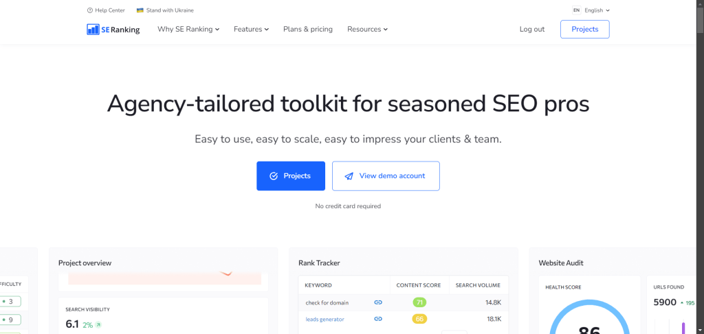 SE Ranking landing page - homepage