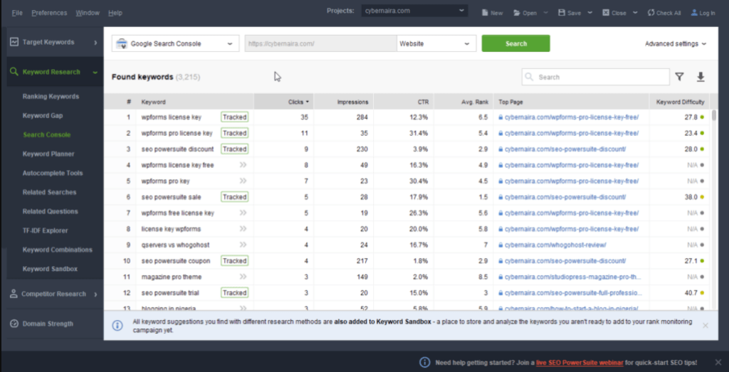 search console keywords in rank tracker graph