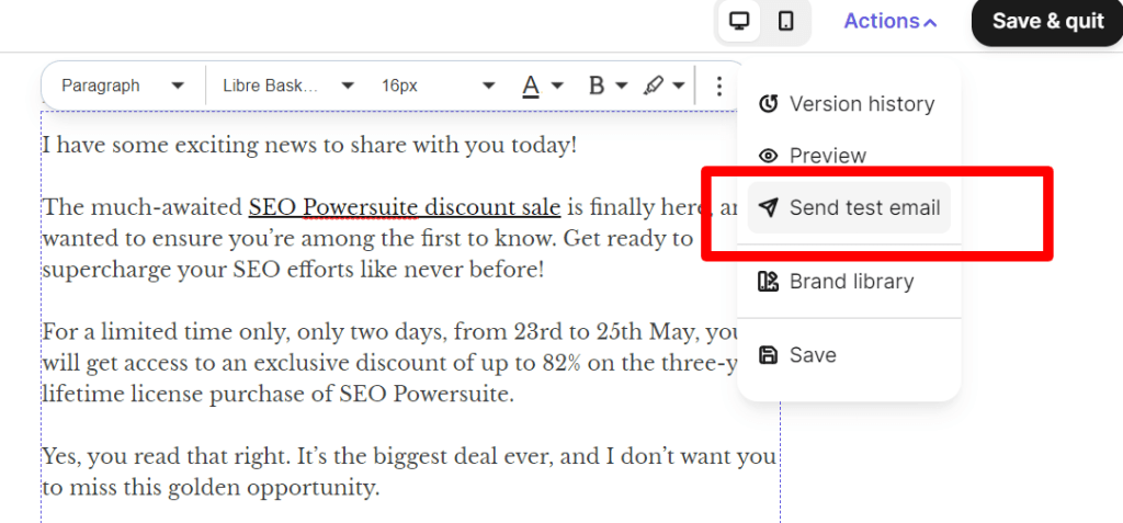 Email send test preview button in Brevo