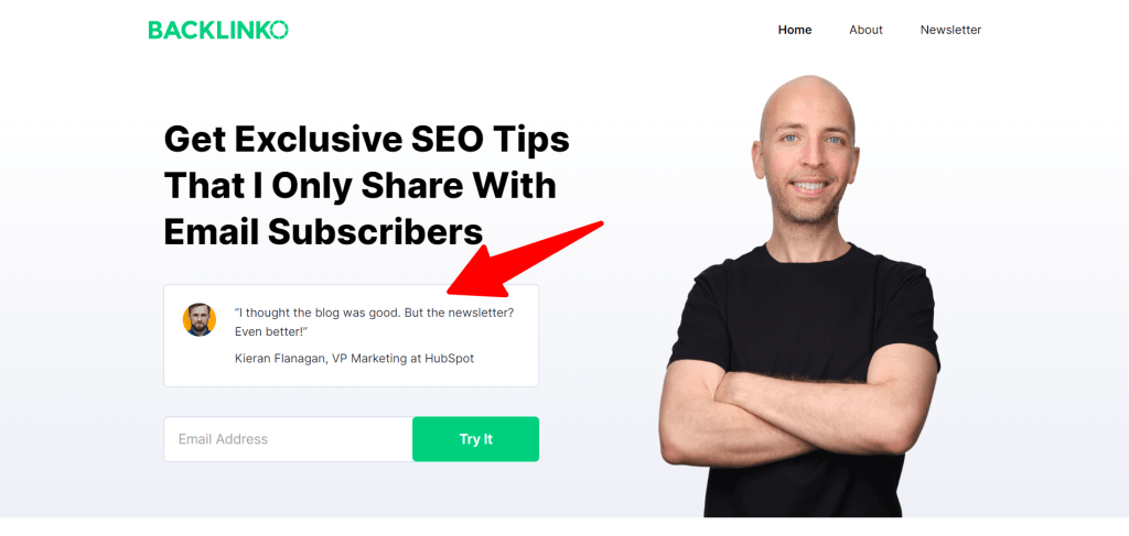 Homepage - Backlinko signup for with testimonial