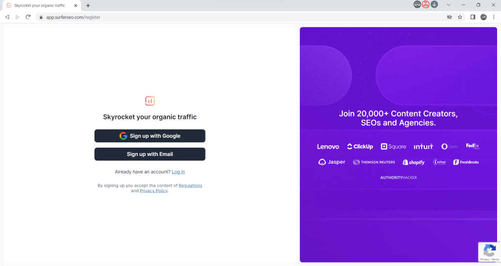 Surfer SEO Signup page