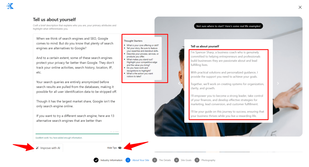 Step 2 in Kadence AI setup process - Tell us about yourself