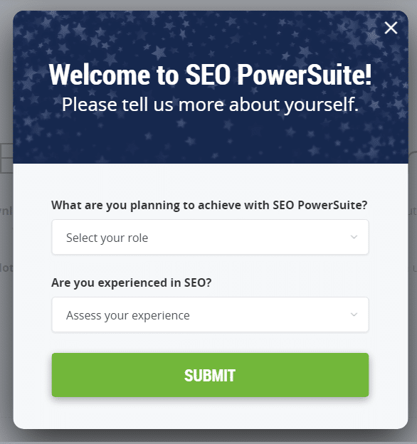 Survey dialog box in SEO powersuite sign up page