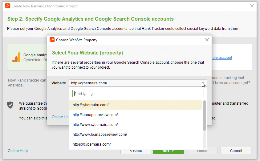 select search console website property in rank tracker