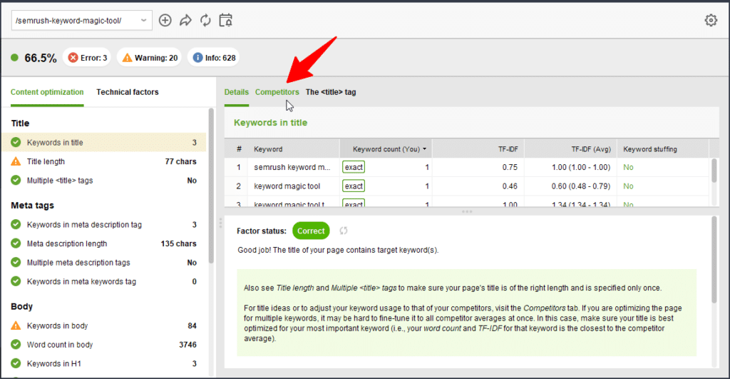 Audit SEO data error, warning, and info tabs