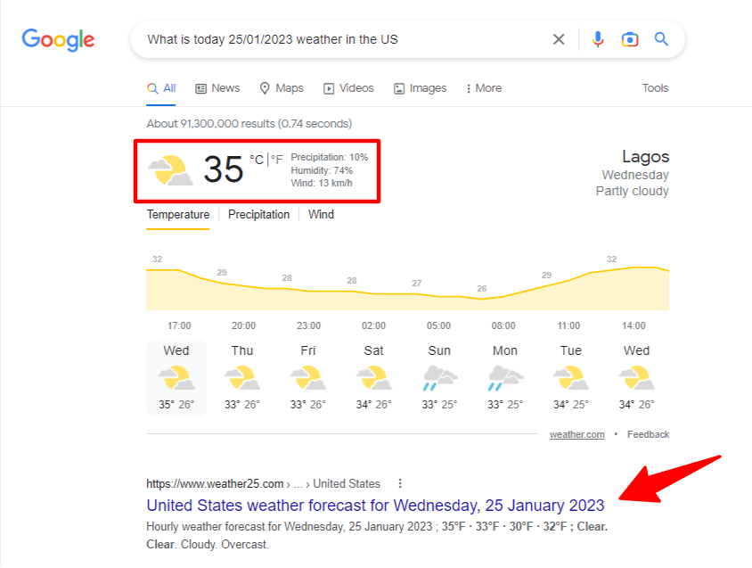 Google search result for weather forcast in the US