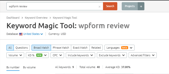 keyword research with Semrush keyword magic tool