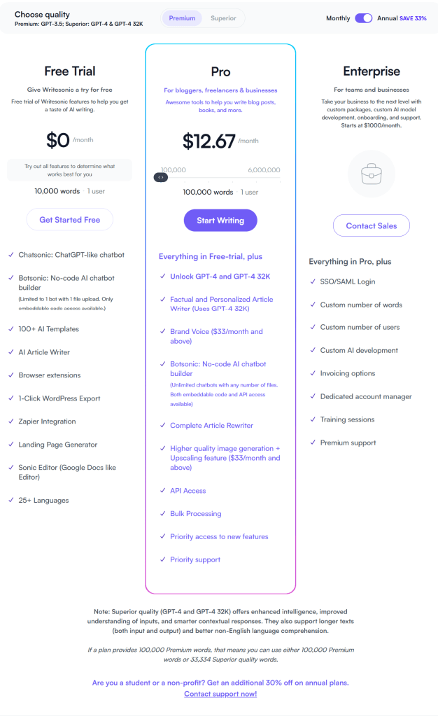 Writesonic pricing and plan, features and full details.